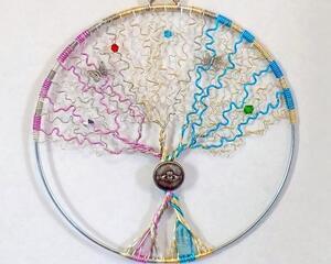 Family tree art, 7" inch twisted double tree, handmade wire sculpture wall art silver and gold with beads and butterflies by RainbowMaille