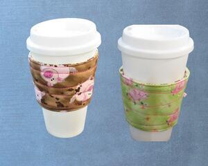Little pink pig coffee  cup or tea mug holder.  Great gift for a teacher. Hot or Iced beverage beverage sleeve with flowers in brown  green