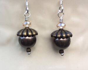 Pewter acorn earrings with sterling silver and crystal accents