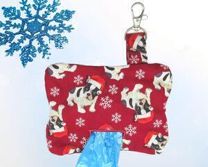 French Bulldogs in Santa Hats with Snowflakes print print dog poop bag or training treat pouch hand made in USA by A FurBaby Favorite