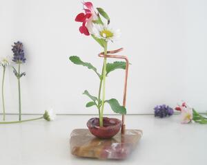 Tiny Copper Enamel bowl used as a Bud Vase on Gemstone Base with copper wire to support a tiny flower stem