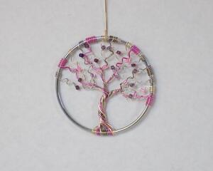 small 3 inch wire tree of life sculpture in silver and pink with Czech glass beads handmade by RainbowMaile