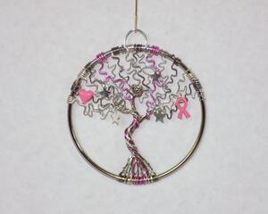 silver tree of life with pink cancer ribbon, pink heart bead and silver dangling stars handmade by RainbowMaille