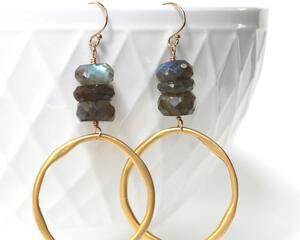 Large Labradorite Gold Hoop Earrings