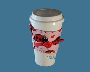 Lady bug and hearts  Coffee cup sleeve / Tea Mug holder -  insulated and adjustable for most cups