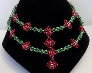 Valentine red roses double strand chainmaille choker necklace handmade of anodized aluminum by RainbowMaille in the USA