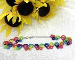 Rainbow colored choker in butterfly theme made with tatting method