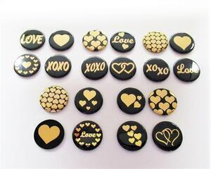 Valentine Hearts and Love Gold Foil on Black Magnets