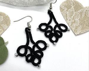 Black chandelier style earrings made with handmade Tatted lace