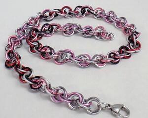 Handmade red pink and black chainmaille mobius twist rope chain 16.75 inches long by RainbowMaille, can be worn as a necklace or wrap bracelet