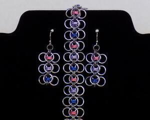 bisexual pride chainmaille jewelry set bracelet and earrings, handmade in anodized aluminum by RainbowMaille in the USA
