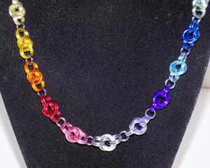 Handmade Rainbow chainmaille necklace in infinity knots of anodized aluminum by RainbowMaille in the USA