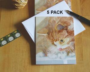 Cute watercolor print of a Maine Coon cat adorns the face of these all occasion note cards.  Comes in a 5 pack with white envelopes.
