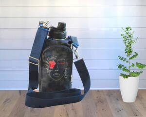 Portrait of A Lady with a Red Rose cross Body Water bottle carrier with Wallet pocket and detachable strap.