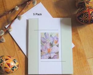 A floral card with a watercolor image of purple crocuses. Shown with a white envelope, text reads 5 pack.  Perfect for Springtime greetings.