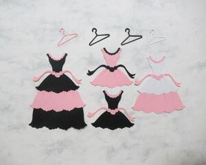 Fancy die cut dresses with hangers, black, pink, and white