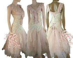Elegant soft pink and cream wedding or event dress. Crochet bodice with vintage bling and ruffles with a lace up back. One of a kind, hand made, eco-friendly event dress.