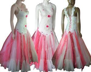 Red white tulle wedding dress. Lace up back for a snug fit with lots of wedding bling on the bodice. A real one of a kind, eco-friendly wedding dress.