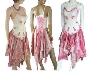 White and pink lace up dress. Crochet bodice with pink and green flowers. Pink lace for a snug fit. One of a kind, hand made, eco-friendly boho style dress.