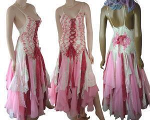 Pink red and white lace up front, tattered wedding dress with tie up back. Unique crochet on the bodice. One of a kind, hand made, eco-friendly bohemian style dress.