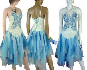 Blue and white tattered bridesmaids dress. Lace up back and crochet bodice, unique one of a kind dress, hand made, eco-friendly, boho style rainbow dress.