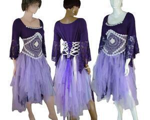 Purple, lavender and white tattered bridesmaids dress. Lace up back and crochet bodice, unique one of a kind dress, hand made, eco-friendly, boho style rainbow dress.