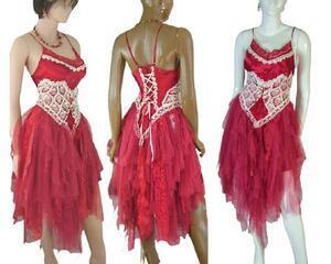 Red and white tattered bridesmaids dress. Lace up back and crochet bodice, unique one of a kind dress, hand made, eco-friendly, boho style rainbow dress.