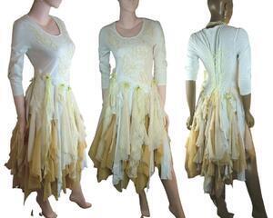 Cream white tan woodland style tattered asymmetrical wedding dress with veil. One of a kind, handmade, eco-friendly event and wedding dress.