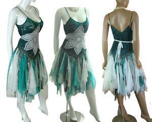 Multiple blues in the perfect beach wedding dress. Tattered skirt with beads and crochet. Tie up waist for an adjustable fit. One of a kind, handmade, eco-friendly bohemian style dress.