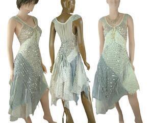 Large size gray and silver with white high low hippy dress. Asymmetrical skirt with a lace up back for a snug fit around the waist. Lots of sparkle and bling in this dress. One of a kind, eco-friendly, handmade, bohemian style dress.