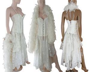 White corset wedding dress with vintage bling and large lace tatters in the skirt. Comes with a white feather boa and is tres (very) sexy. Pop up front and lace up back. Shown with a ribbon holding it on the mannequin that is not part of the sale.