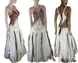 Brown and white sparkly tulle, tattered wedding dress, shabby style with a lace up back, making it adjustable for fitting well. One of a kind, handmade, eco-friendly bohemian style dress.