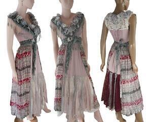 Gray, pink, cream, black and red hippy style long dress. Ties at the waist and features fringe around the neckline. A unique dress for any event. One of a kind, handmade, eco-friendly bohemian style dress.