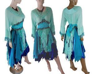 Aqua, black, blue and turquoise beach tattered dress with long sleeves with fringe. Features a tie up waist for a snug fit.