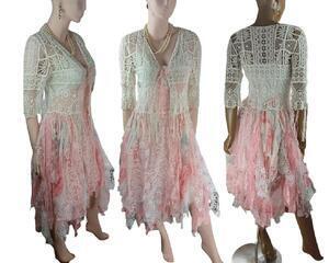 A two layer pink, white and touch of gray wedding outfit. Tattered skirt and crochet style jacket with fringe attached. Very pretty. Unique handmade, eco-friendly bohemian style dress.