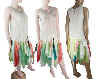 Cream green red and yellow flapper style dress can be worn with or without tie over that has more tatters in it. Comes with a large flower that can be worn on the belt or in the hair. One of a kind, hand made, eco-friendly vintage style dress.