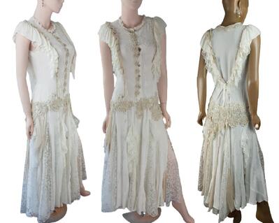 Tan cream lace tattered wedding dress. Long dress with tie up back and button front.