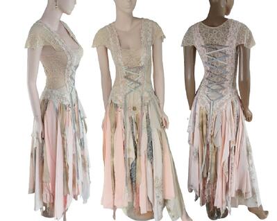Renaissance fair style dress medieval alternate shabby tattered cottage peach pink silk lace up dress.