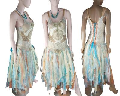Tan, brown aqua Bohemian wedding dress, colored rustic dress, tattered shabby dress, one-of-a-kind dress, event dress.