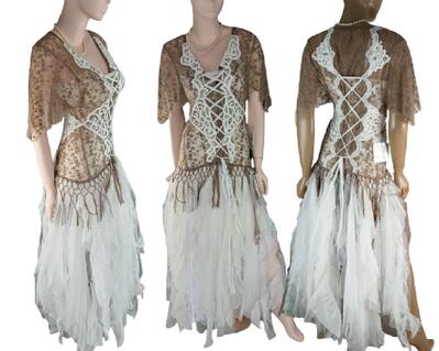 Brown and white tulle, lace up wedding dress. One of a kind, hand made, eco-friendly bohemian style dress.