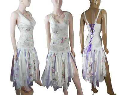 Vintage inspired flapper wedding dress 1920's style drop waist white pink lavender lace up dress.