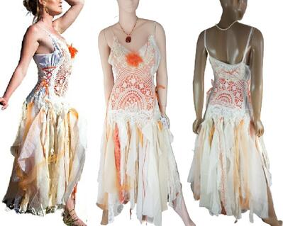 Orange and white hippy style tattered dress. Laces up the sides for a snug fit, bright and colorful dress. One of a kind, hand made, eco-friendly event dress.