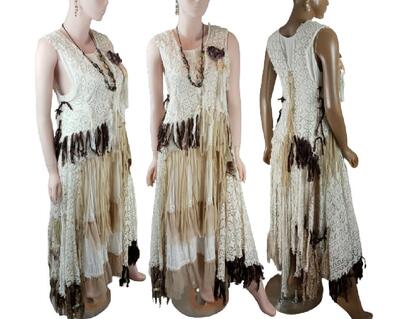 White, brown tan boho style long dress. Strip tatters with ties to fit. One of a kind, hand made, eco-friendly bohemian style dress.