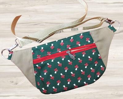 gnome and mushroom bum bag fanny pack red zipper gnome charm up to 50 inch green and red print