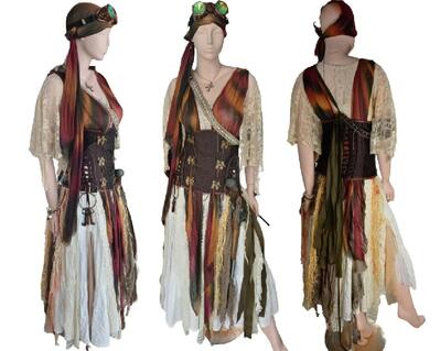 A unique brown and cream with orange lace multi layered steampunk pirate outfit. Comes with all accessories.