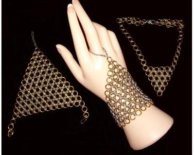 Chainmaille hand bracelets and necklace, japanese 12 in 1, gold and silver
