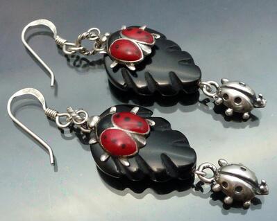 Ladybugs on a Leaf Earrings in Sterling Silver and black onyx red lady bug