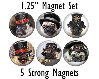6 Steampunk Pug Dog Magnets