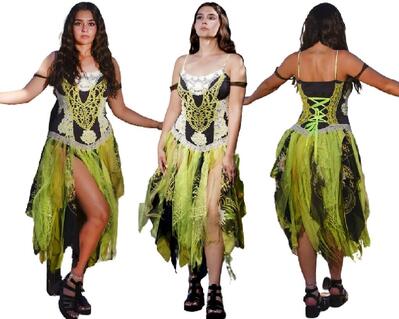 A black and lime green tattered dress with touches of white. A lace up back for a great fit. Features crochet on the bodice and is a fun event dress. One of a kind, hand made, eco-friendly bohemian style dress.