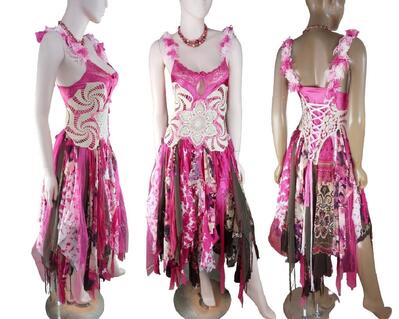 Bright pink and cream lace up boho style dress. One of a kind, hand made, eco-friendly event and wedding dress.
